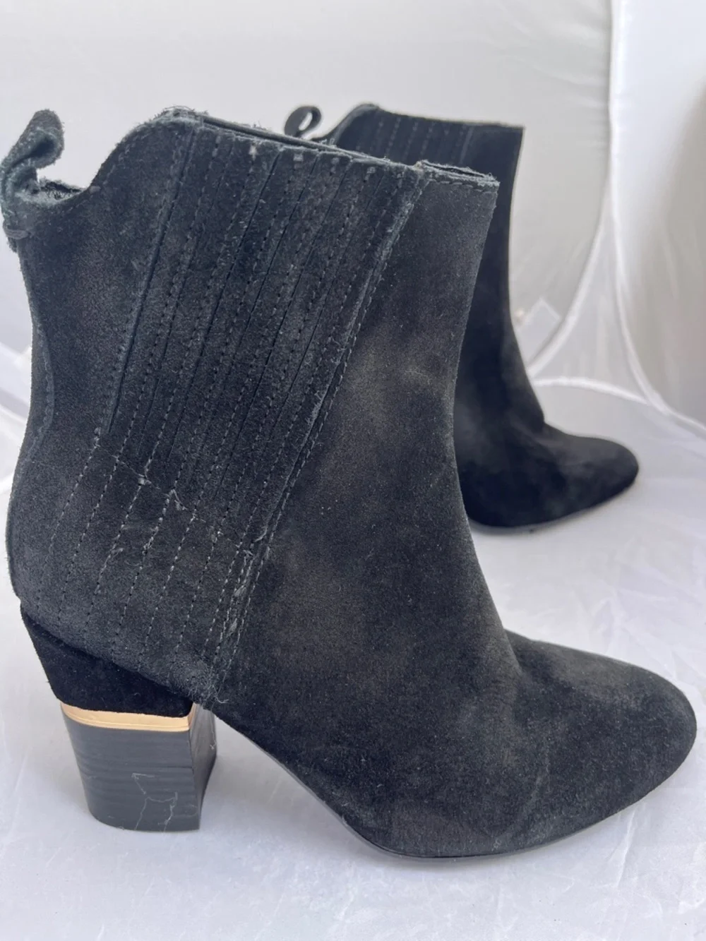 Lucca Lane Black Suede Ankle Boots Gold Hardware Accent Heel - Size 7